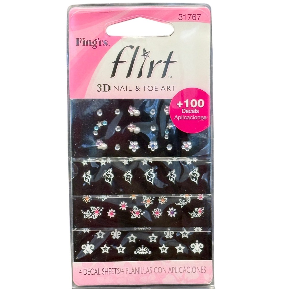 Fingrs Flirt 3D Nail Toe Art Decals‎ Butterfly Flower Star Rhinestone 4 Sheets